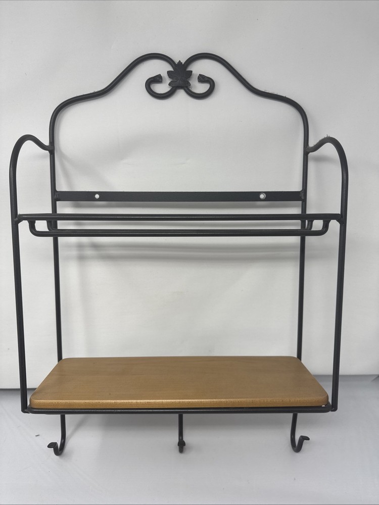LONGABERGER BLACK WROUGHT IRON 2 TIER WALL RACK w/  1 WOODEN SHELF