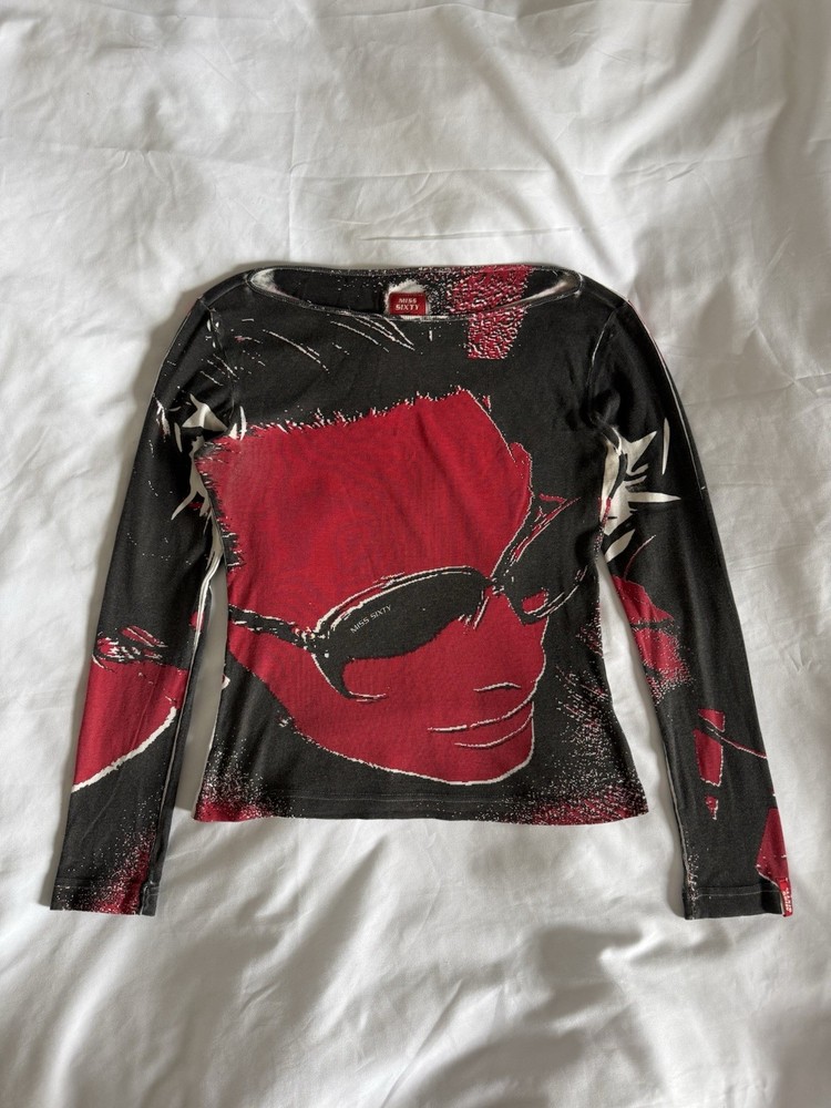Rare Vintage Miss Sixty Graphic Long Sleeved Top Size S Y2K