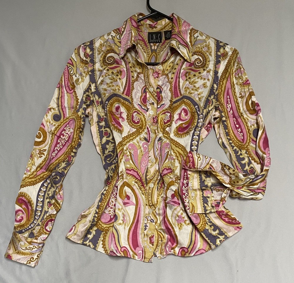 INC Silk Blouse 6P Colorful Paisley Pink Purple Yellow Long Sleeve Shirt