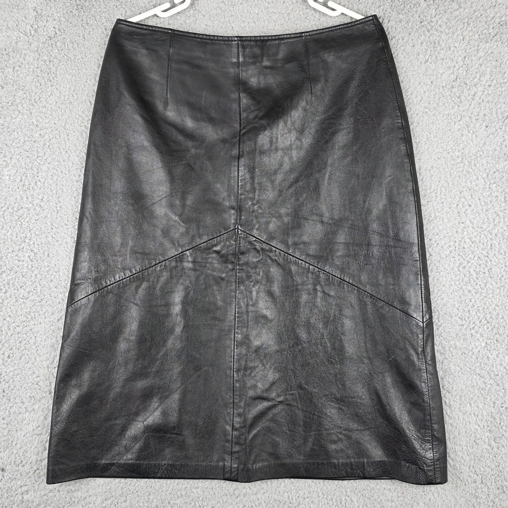 Vintage Vakko Sport Skirt Womens 14 Black Genuine Leather Pencil Zip Up Back