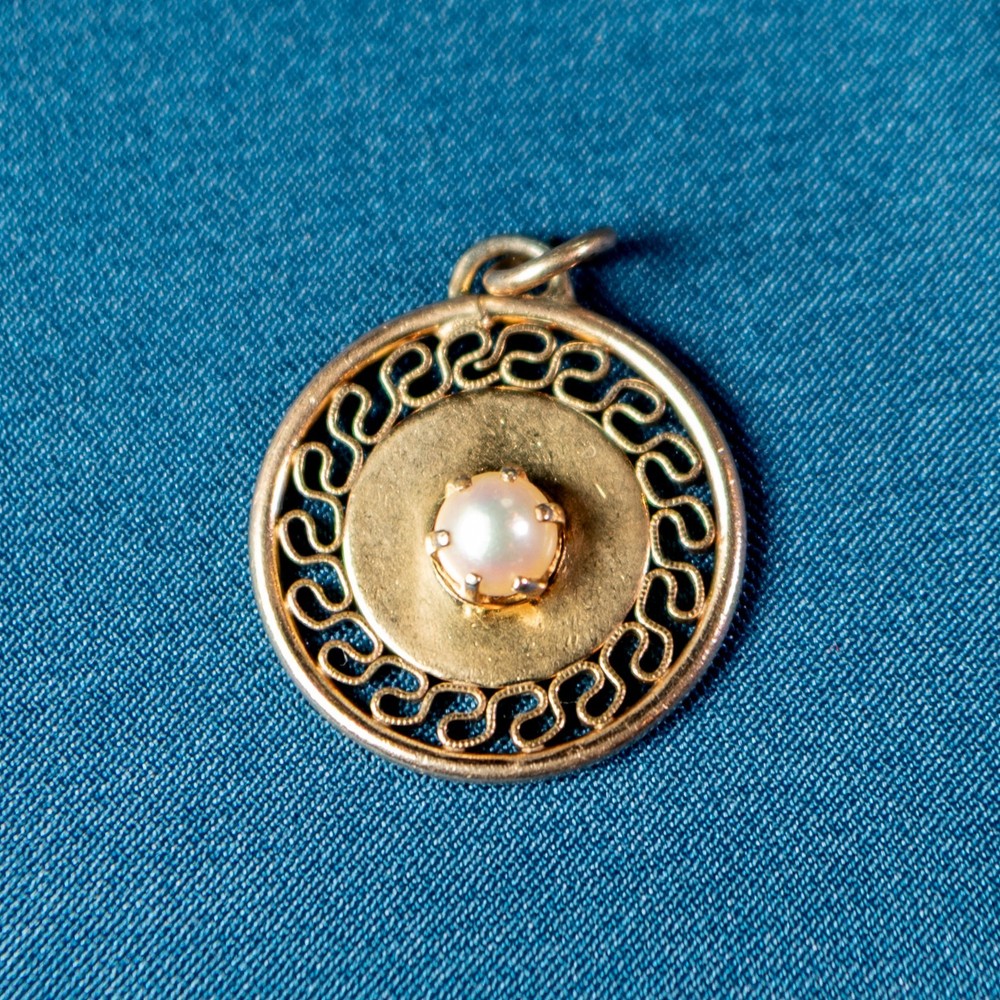 Vintage 12K Fold Filled Akoya Pearl Charm Pendant Etruscan Filigree 1/20 12K GF