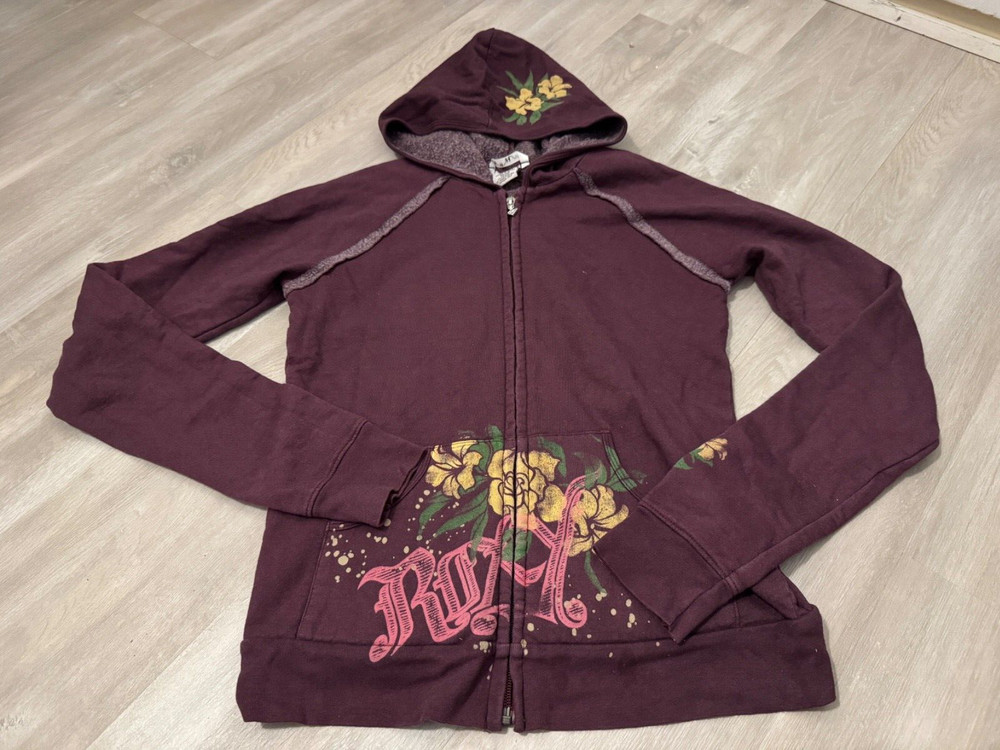 Vintage Y2K ROXY Zip Up Hoodie Jacket Sweatshirt Womens L Plum Purple distressed