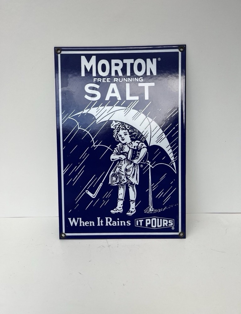 Vtg MORTON SALT Heavy Porcelain Enamel Ande Rooney 