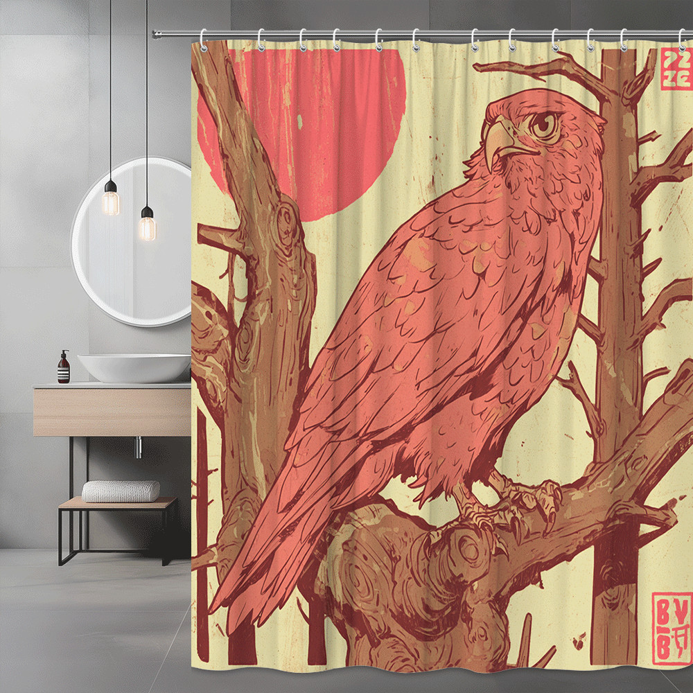 Red Bird on Tree Branch Shower Curtain, Vintage Style Wall Art