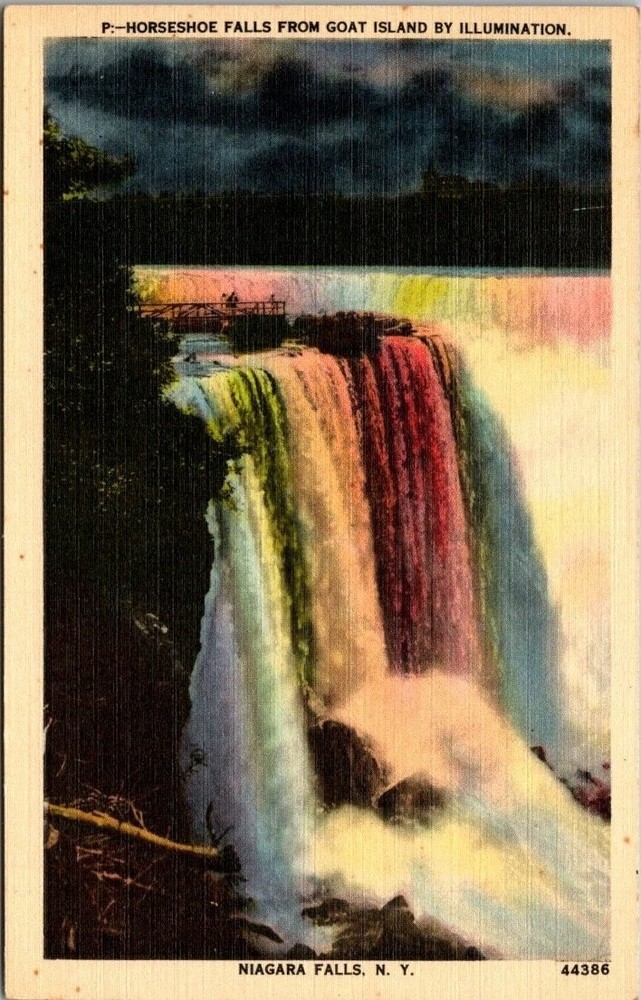 Vintage 1946 Niagara Falls Horseshoe Falls by Illumination Linen Postcard