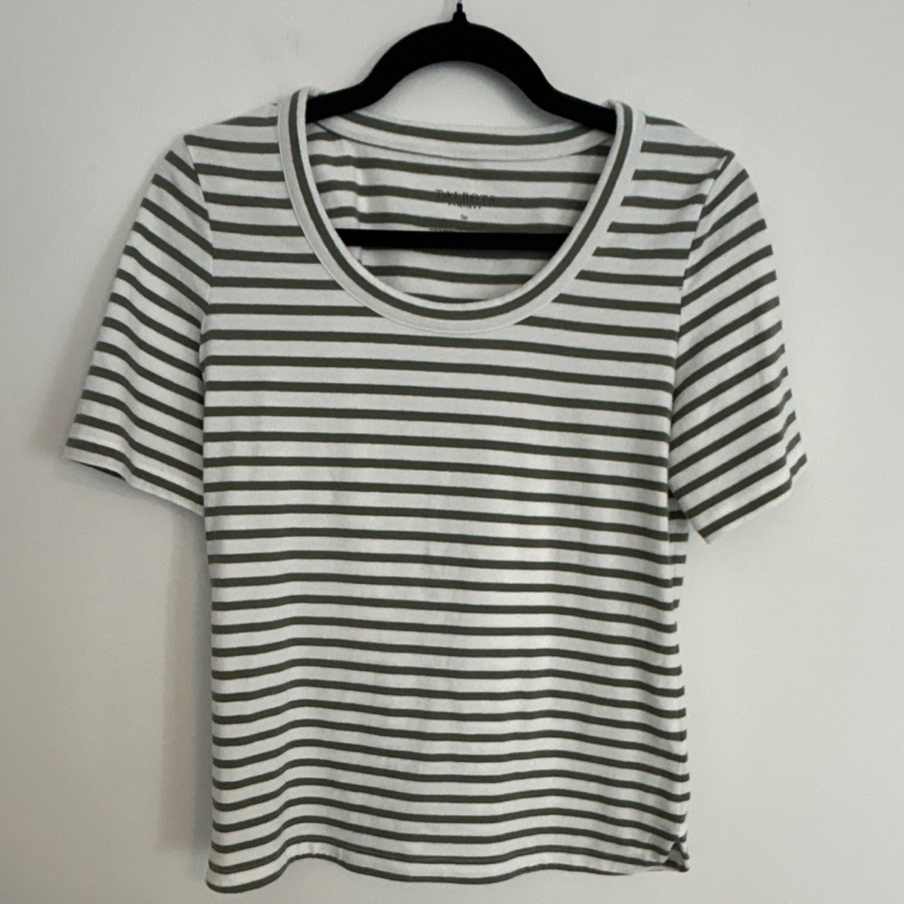 Talbots Petite T-Shirt Short Sleeve Striped White Olive Sp Cotton Blend Women's