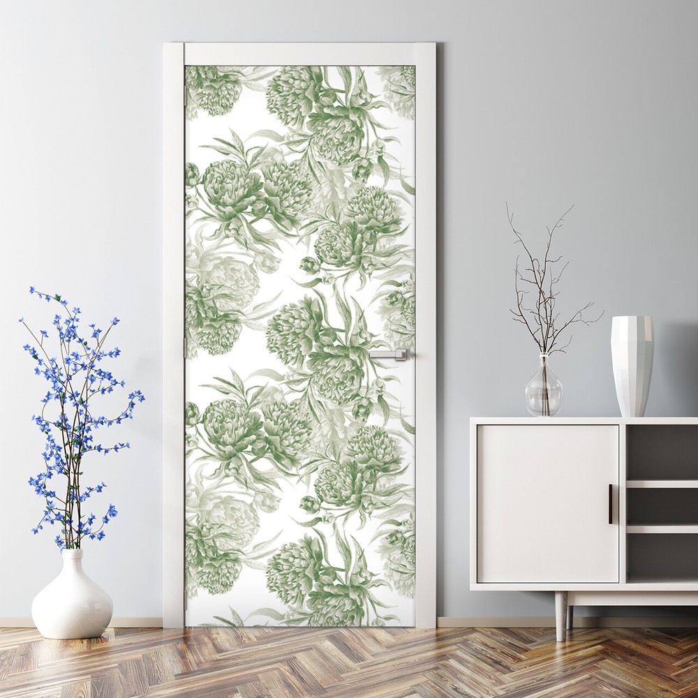 Green Peonies Bubble Free | Bright Botanical Drawing | Repositionable Door Decal