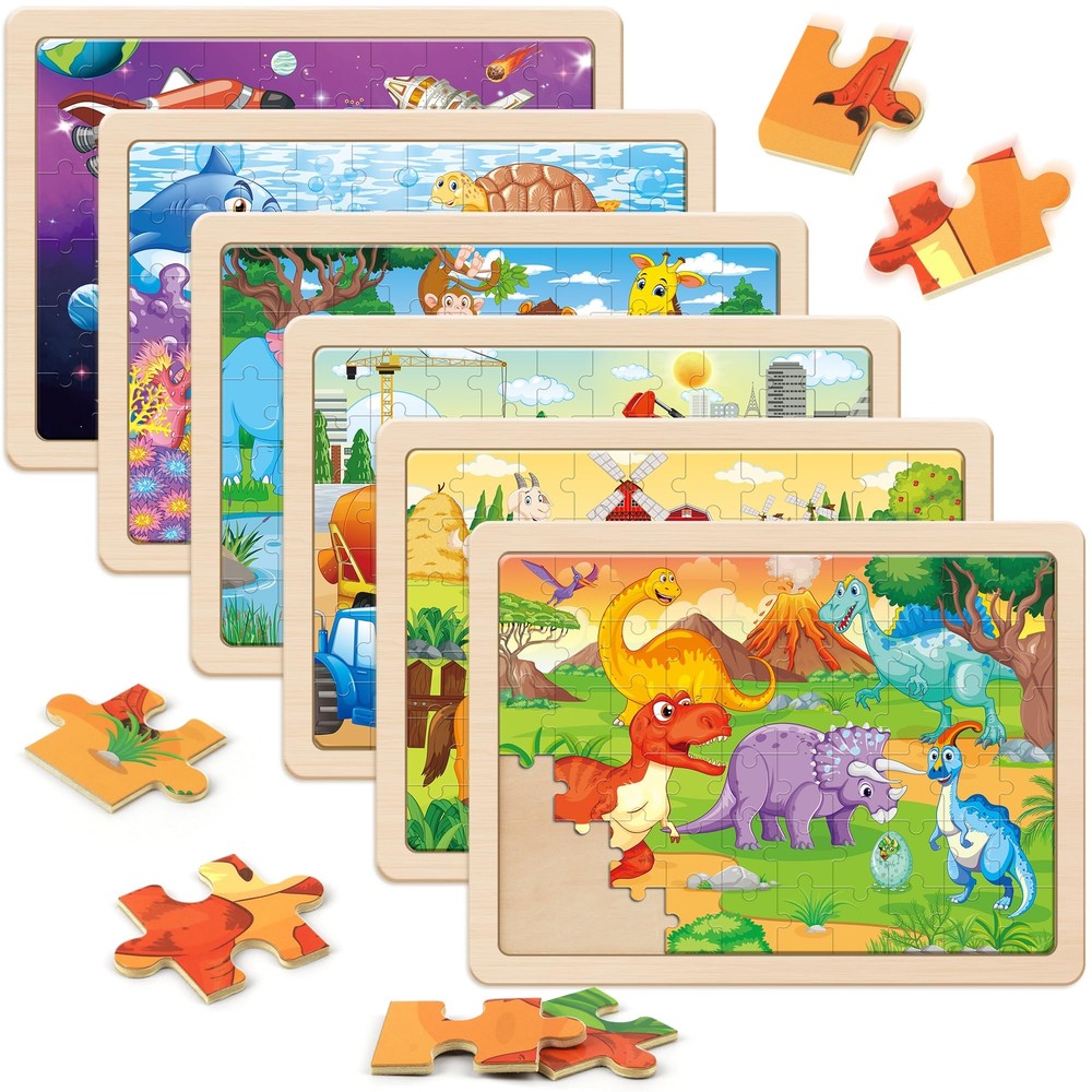 SYNARRY Wooden Puzzles for Kids Ages 4-6, 6 Packs 60 PCs Jigsaw Puzzles Presc...