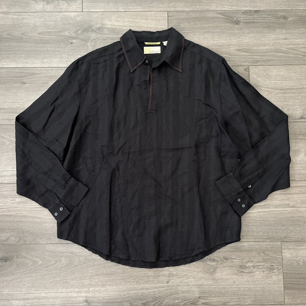 Cubavera Mens L Linen Blend Pullover Long Sleeve Shirt Black