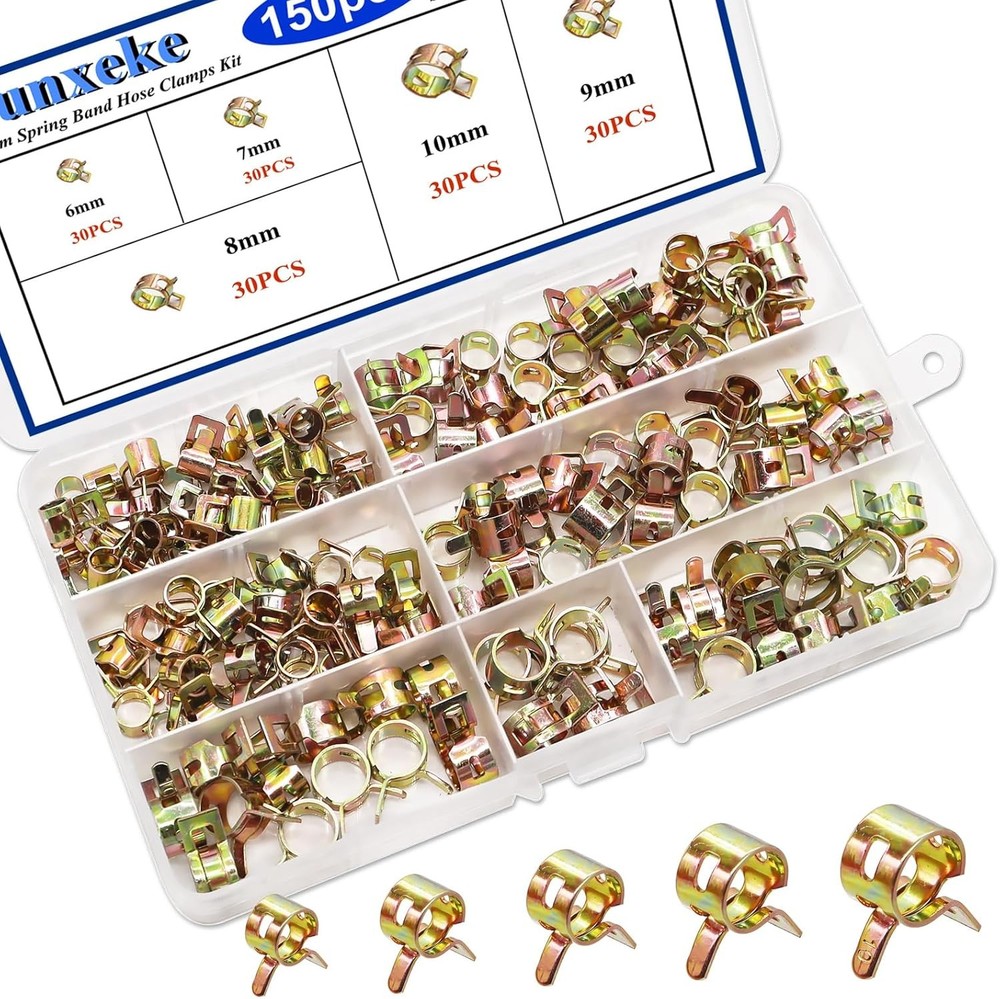 150Pcs Spring Band Hose Clamps Assortment Kit,5 Sizes Fuel Line Hose Clamps,Low