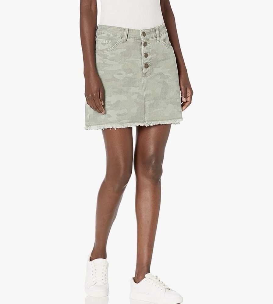 Mud Pie Camo Denim Mini Skirt Size Large Button Front Raw Hem Cotton