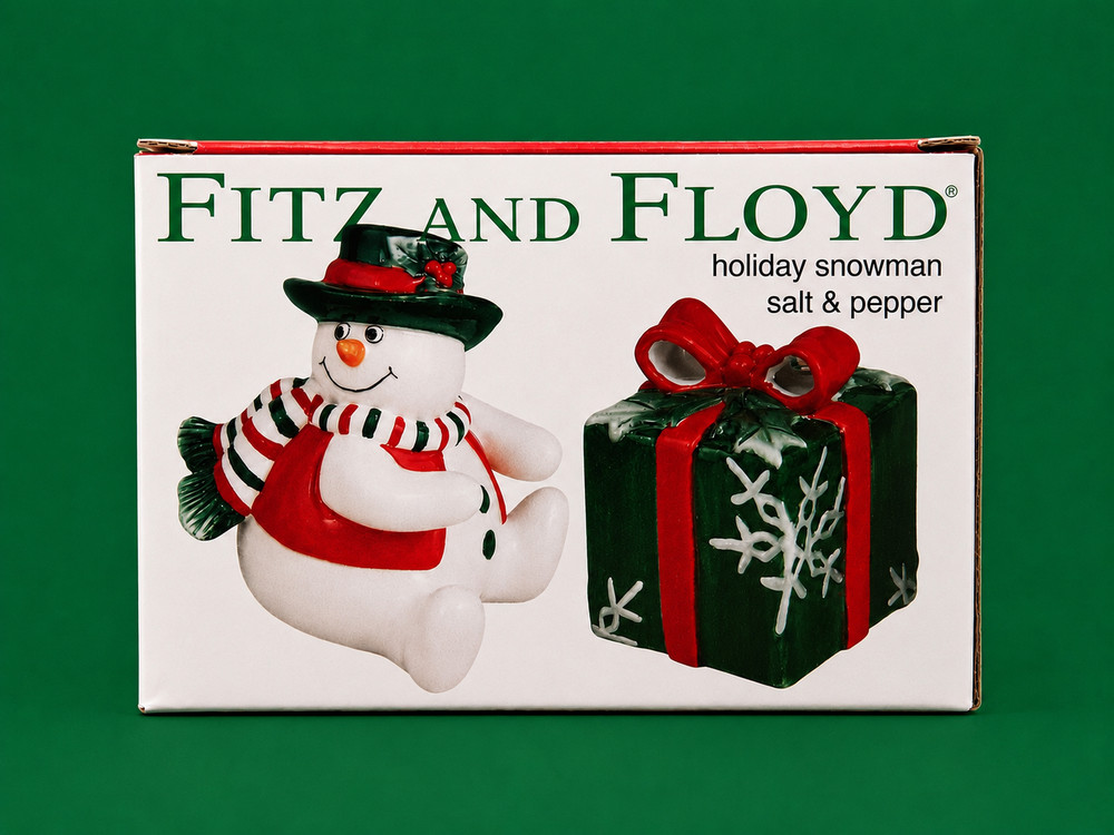 Fitz & Floyd Holiday Snowman Salt & Pepper Shakers Christmas Present Ceramic Set