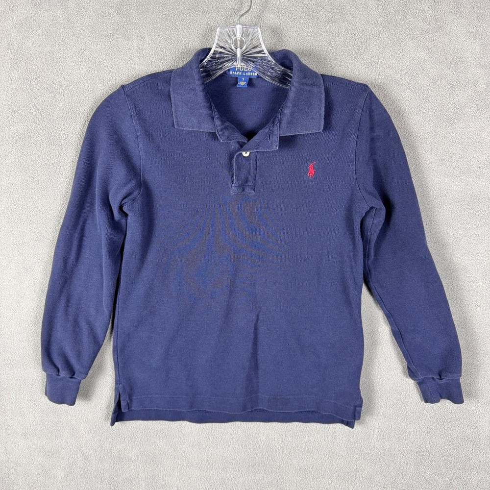 Polo Ralph Lauren Boys Kids Size 7 Long Sleeve Polo Shirt Navy Cotton Logo