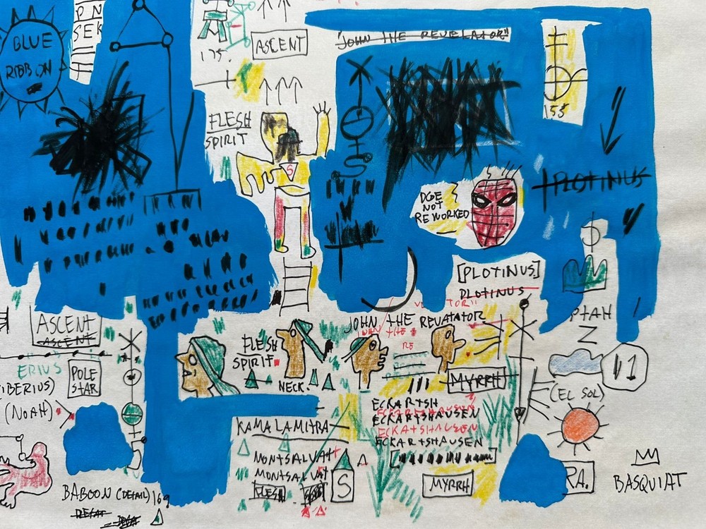 BASQUIAT drawing and painting on old paper signed stamped vintage