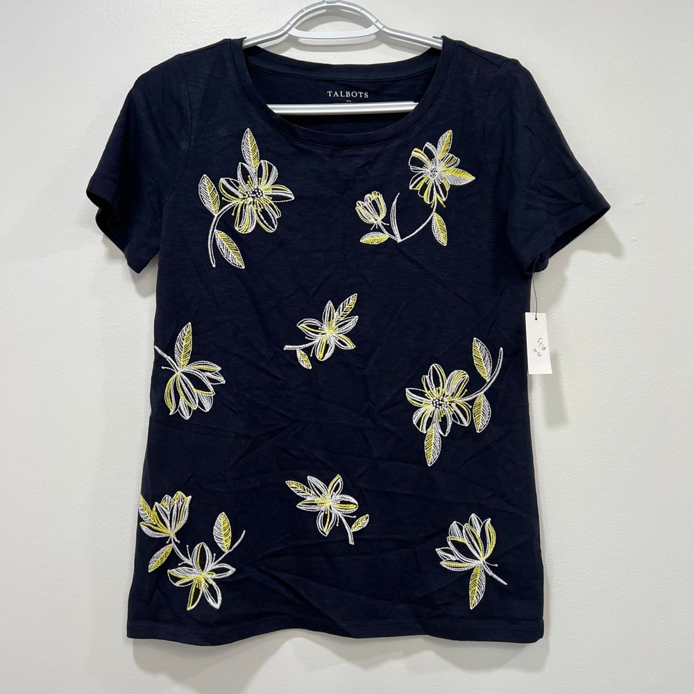 Talbots Womens Tee XS NWT $49.50 Blue Short Sleeve Cotton Simple Flower Simple