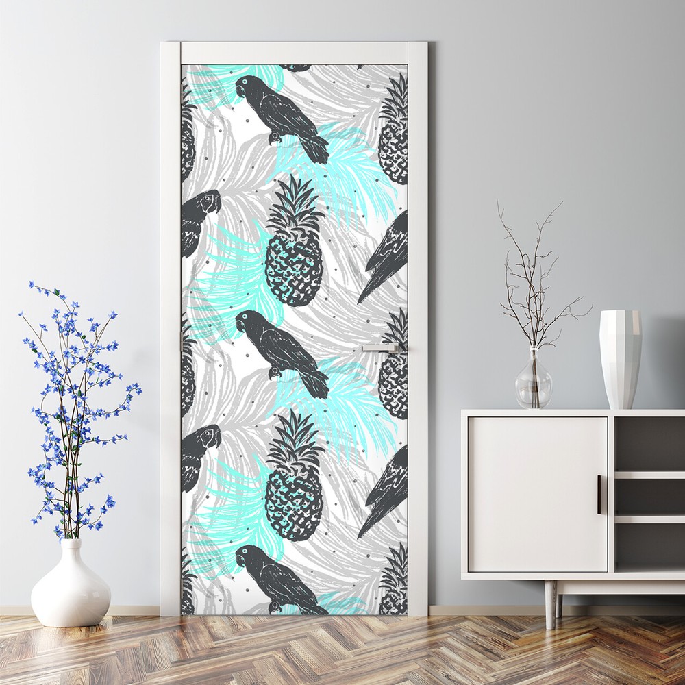 Blue jungle mural door sticker - hand-drawn ink design, removable & self-adhesive