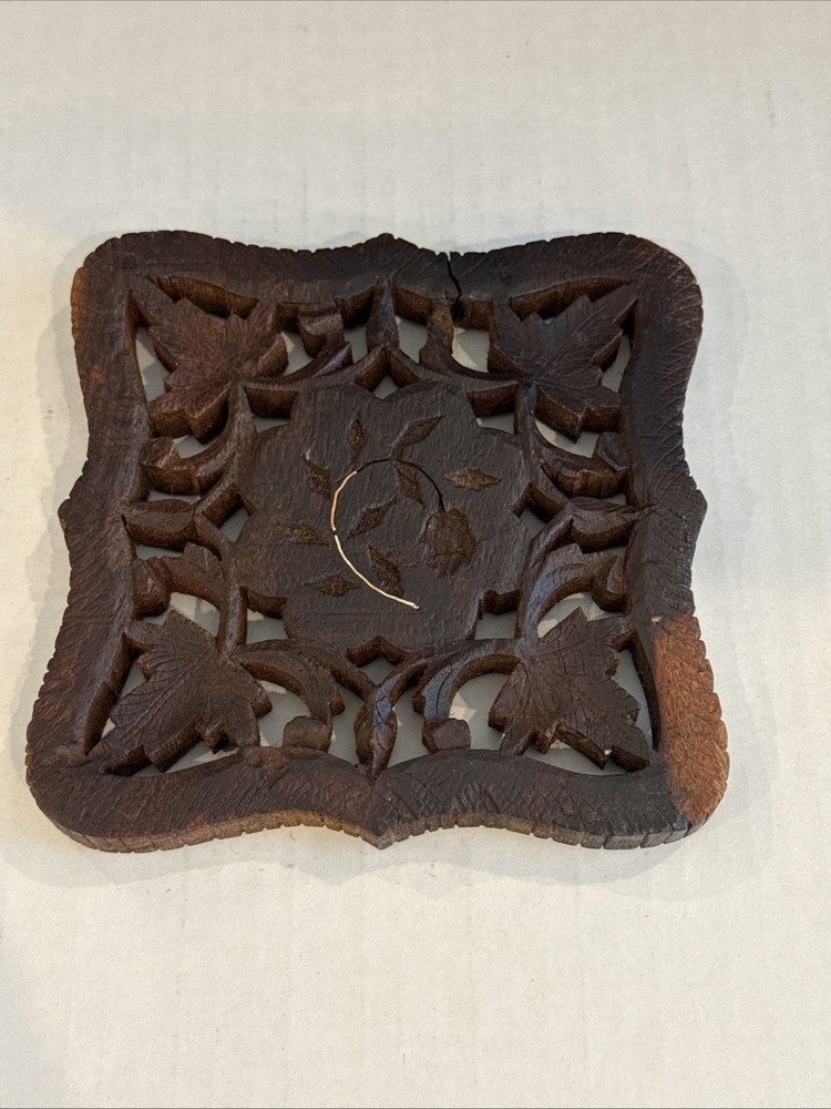 VTG 5” Square Carved Wood Trivet Decorative Wall Hanging India Floral BOHO