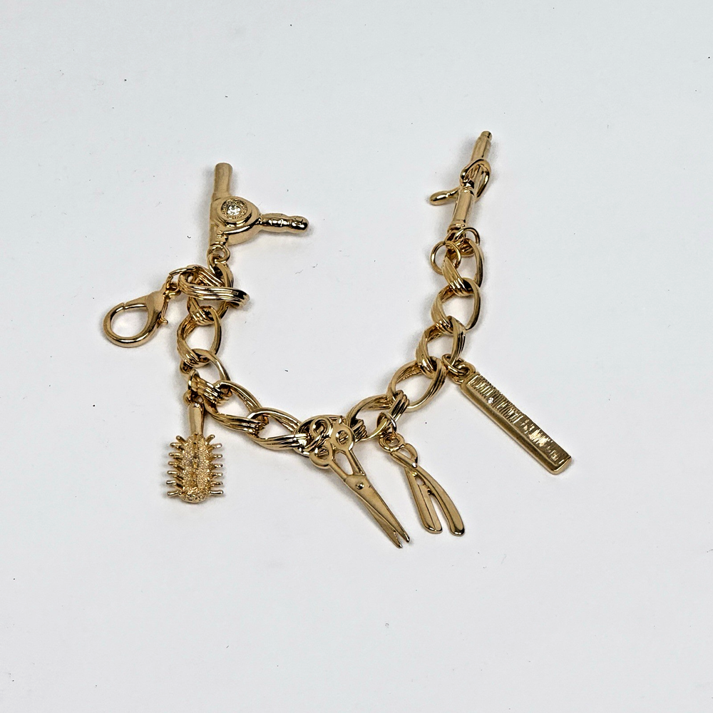 Gold Tone Hair Stylist Charm Bracelet Scissors Dryer Comb Cosmetology Jewelry