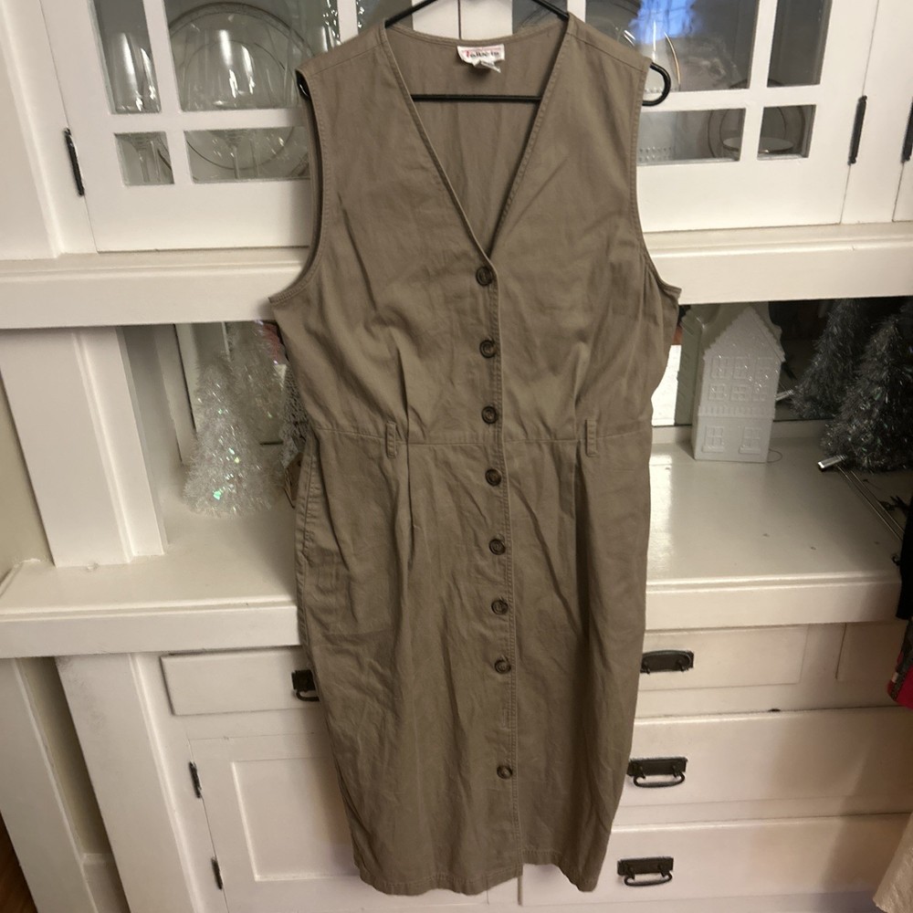 Talbots 100% Cotton Khaki Denim Button-Down Midi Dress Side Pockets Size 16
