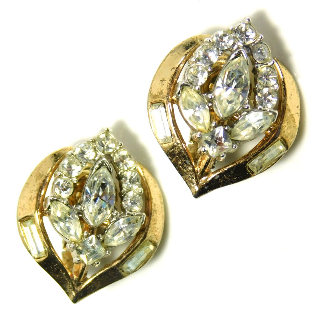Vintage Crown Trifari Clear Rhinestone Gold Tone Tulip Flower Clip On Earrings