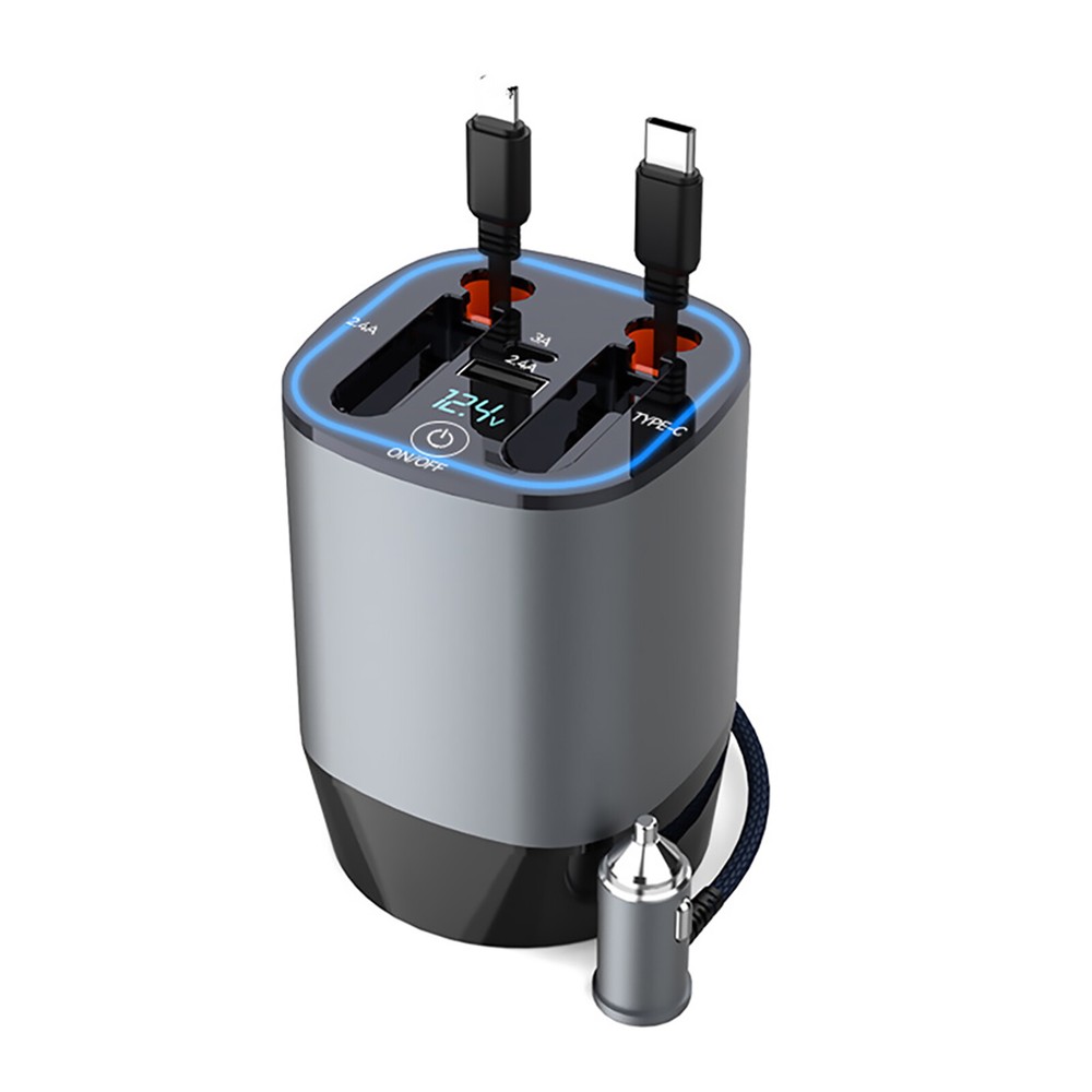 4-in-1 Retractable Car Phone Charger with USB-C Fast Charging Cable