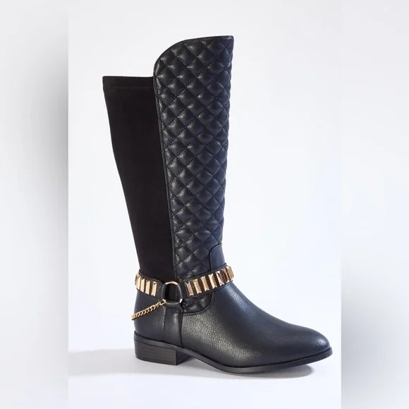 Cato Quilted Stud Chain Black Riding Boots Size 7