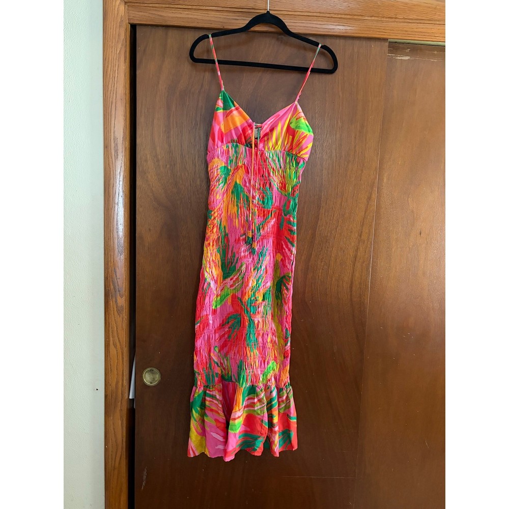 FARM Rio for Anthropologie XS Tropical Smocked Midi Dress Beaded Tassels