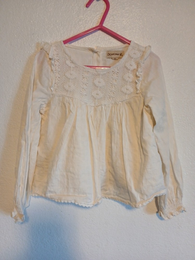 Bearpaw Girls Boho Peasant Blouse Size 6X Cream Embroidered Long Sleeve