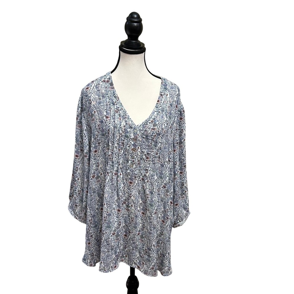 Rose + Olive 2X Floral Print V Neck Blouse Button Down 3/4 Sleeve Top