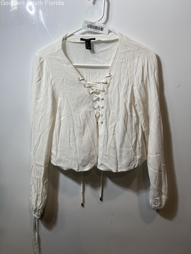 Forever 21 Womens White Long Sleeve V-Neck Lace-Up Front Cropped Blouse Size M