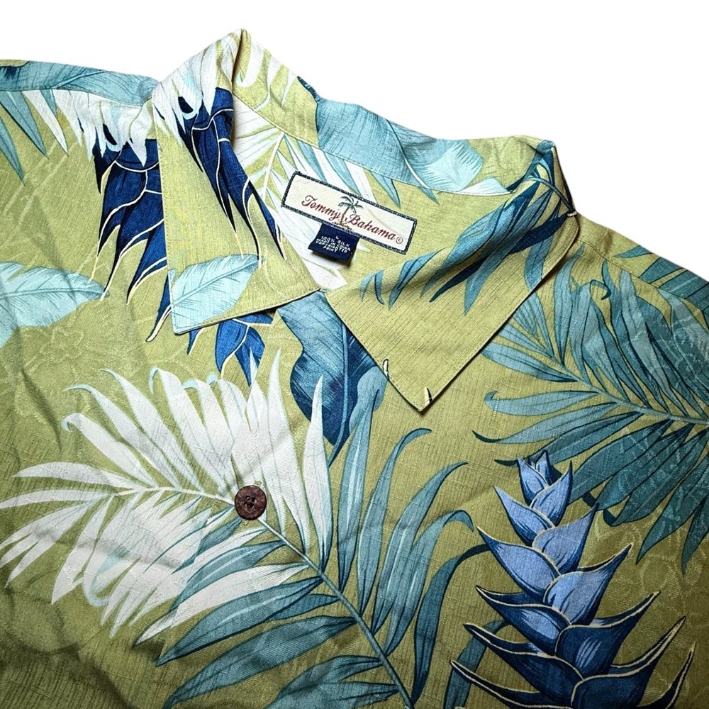 Tommy Bahama Mens Large Silk Camp Shirt Green Tropical Palm Floral Button Up