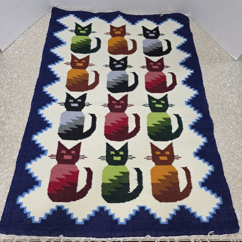 Weaved Cat Pattern Vtg Tapestry Rug Mat Wall Art Peruvian Native Southwest 32x22