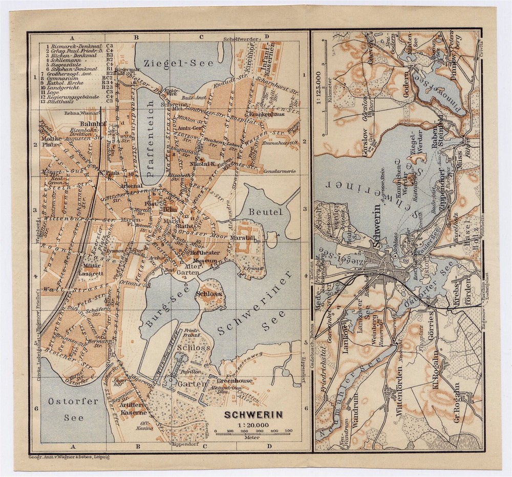 1914 Original Antique City Map Of Schwerin / Mecklenburg-Vorpommern / Germany