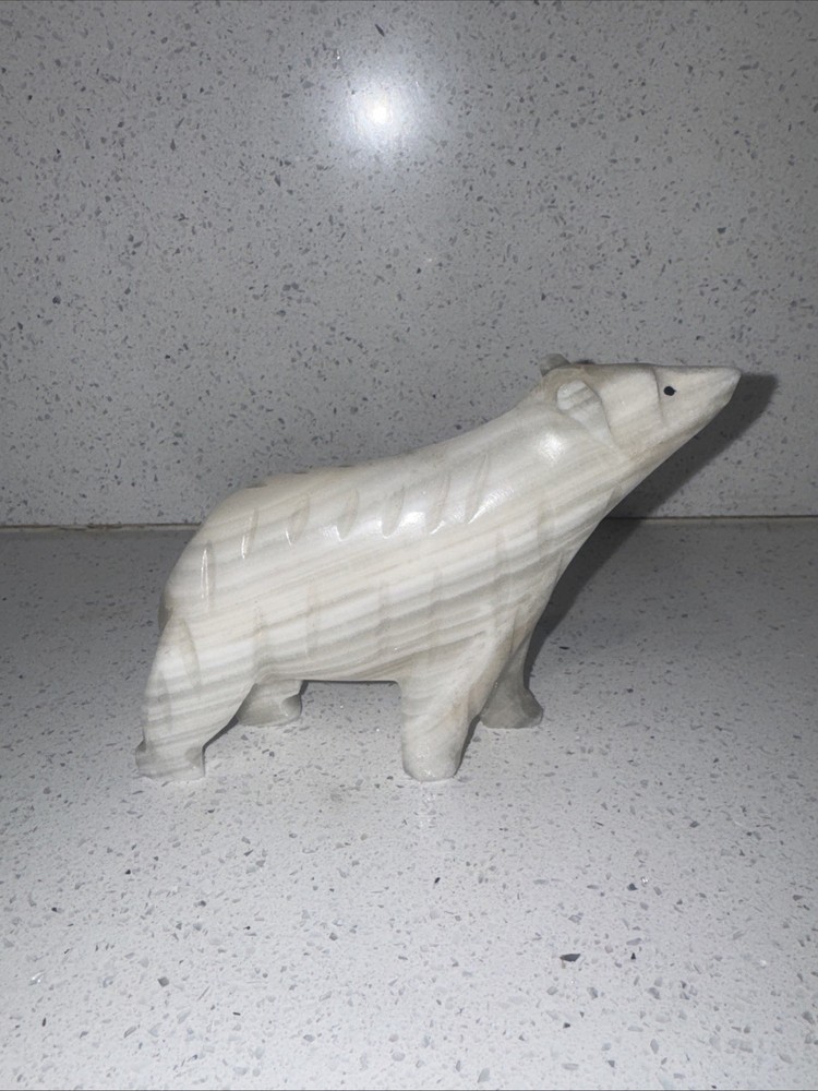 MCM Hand Carved Creamy White Onyx Alabaster Marble Polar Bear Figurine