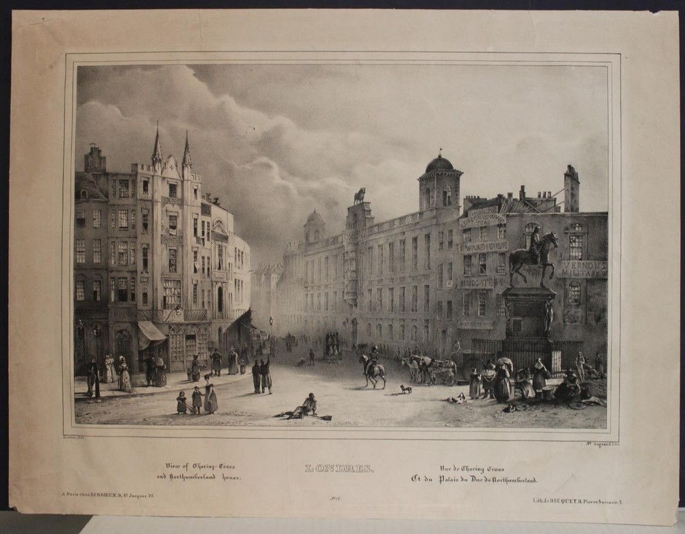 NORTHUMBERLAND HOUSE CHARING CROSS LONDON 1840ca LEGRAND UNUSUAL ANTIQUE VIEWANTIQUE COPPER ENGRAVED VIEW OF NORTHUMBERLAND HOUSE