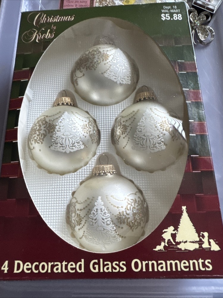 Christmas By Krebs Glass Ornaments White w/ Gold Glitter Tree