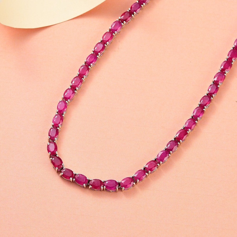 18ct Oval Pink Lab Sapphire Tennis Necklace in 14K White Gold 18 Inch FN