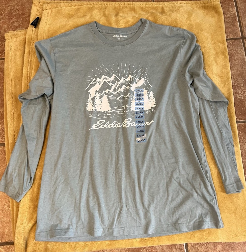 Eddie Bauer Men's Gray Long Sleeve Graphic Print Logo Crew Neck T-Shirt L