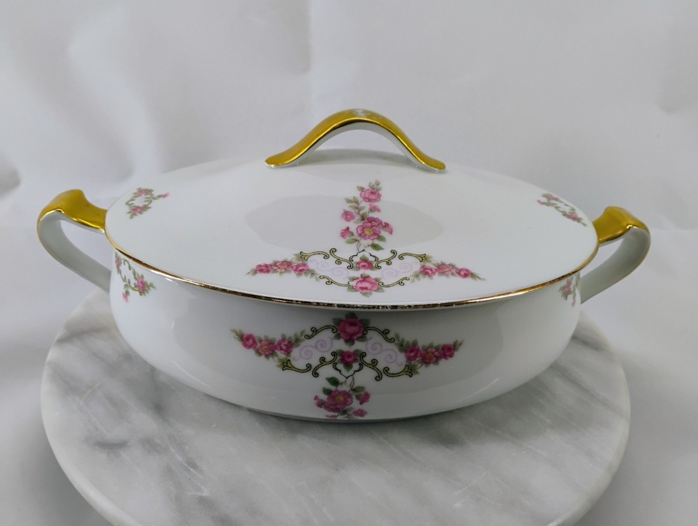 Vintage 1920s Eamag Bavaria China 8 Inch Oval Covered Dish Pink Floral W Gold