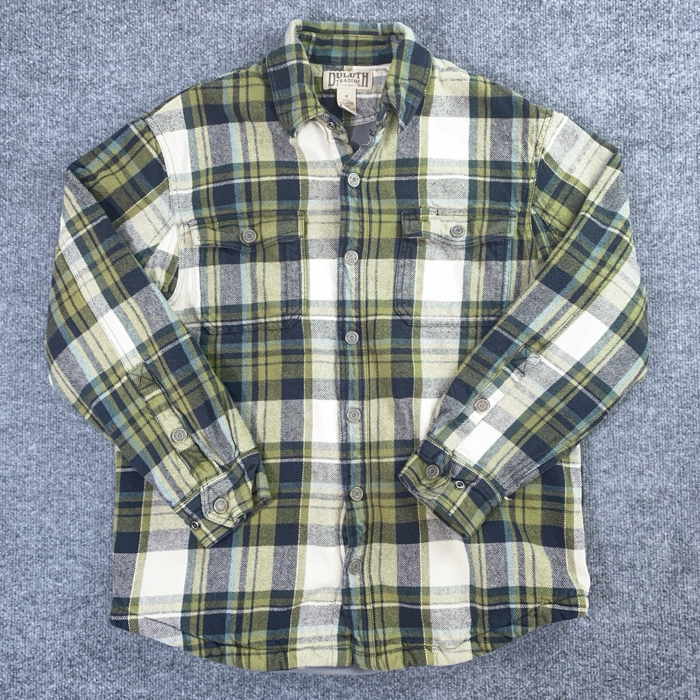 Duluth Trading Flapjack Fleece Lined Shirt Mens Medium Chore Shacket Green Plaid