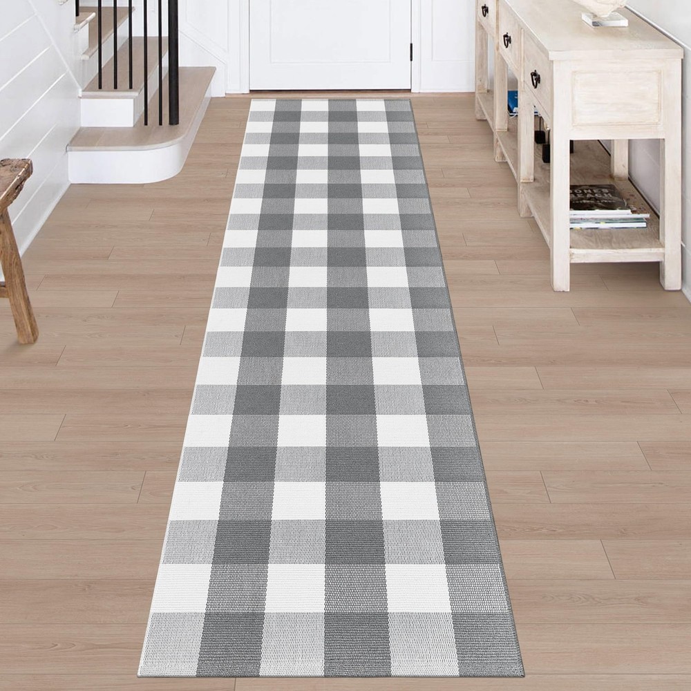 Checkered Rug Grey and White Buffalo Plaid Hallway Runner Rug 2x8 Washable Ru...