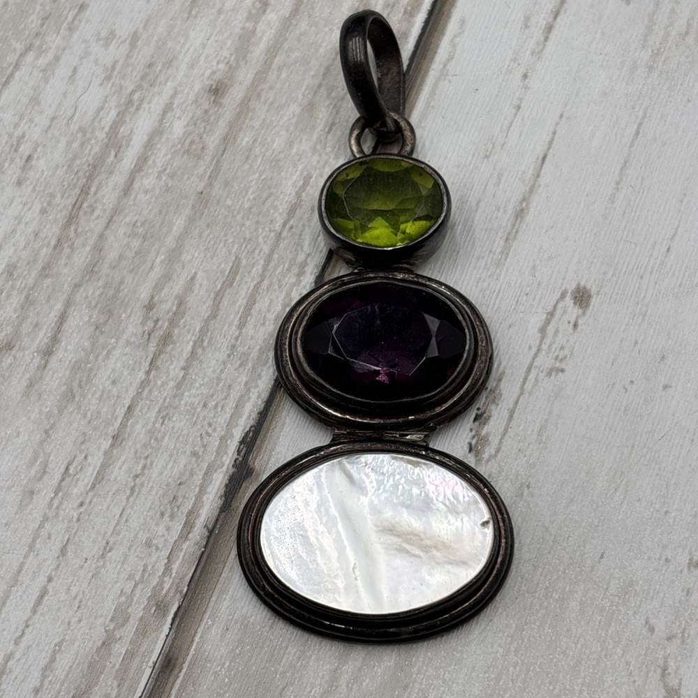 Vintage Sterling Silver 925 Amethyst Peridot Mother of Pearl MOP Hinged Pendant