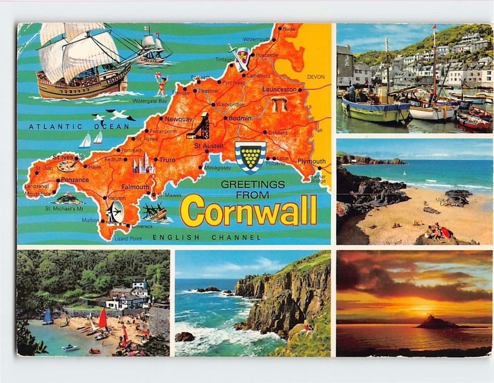Postcard Map, Scenes & Views Cornwall England