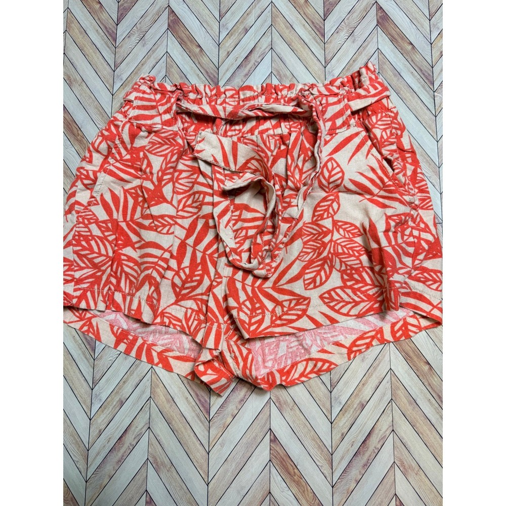Cali 1850 Womens Paperbag Waist Tropical Leaf Print Linen Shorts Orange Medium M