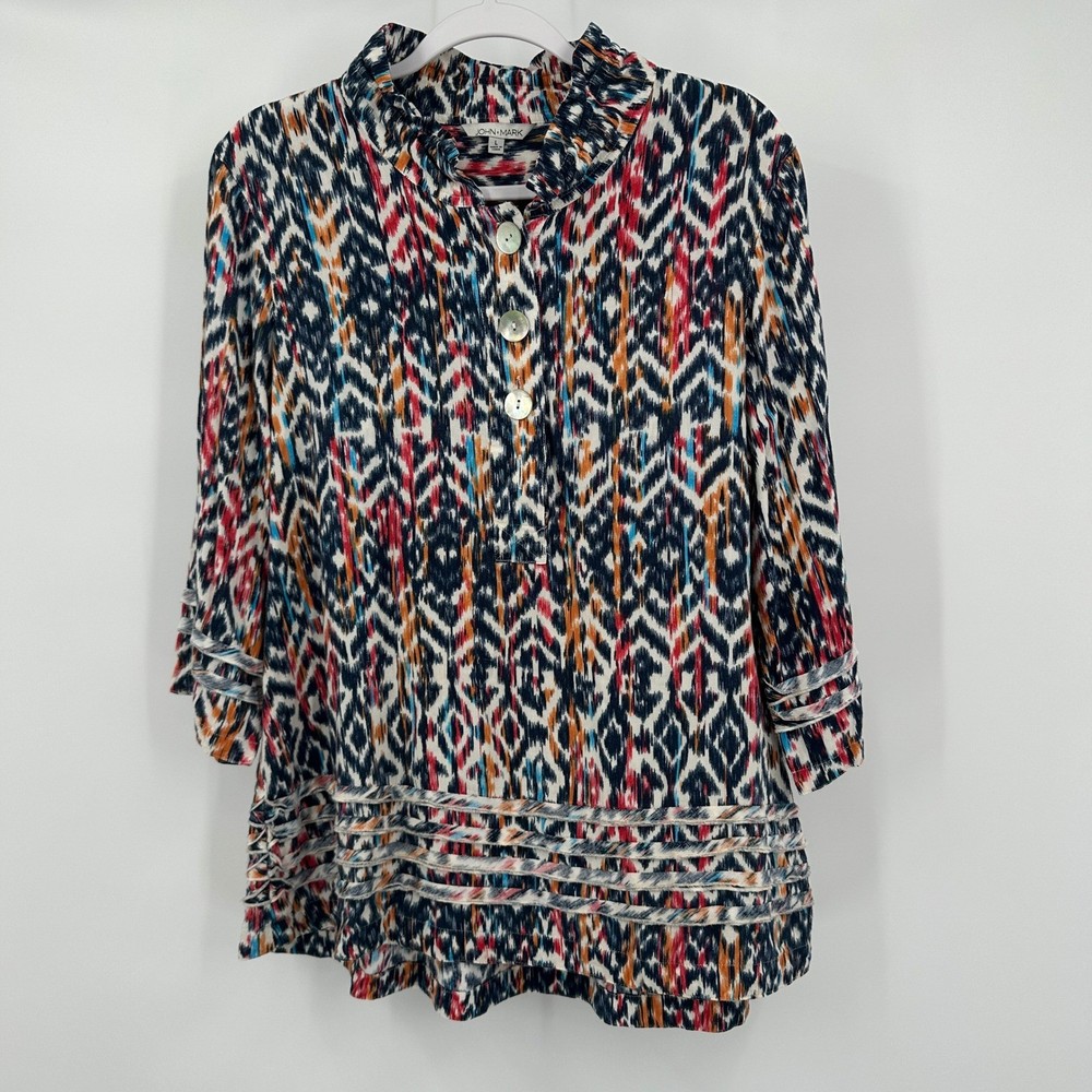 John Mark Womens Linen Blend Boho Ikat Tunic Top Size L Artsy Global Colorful