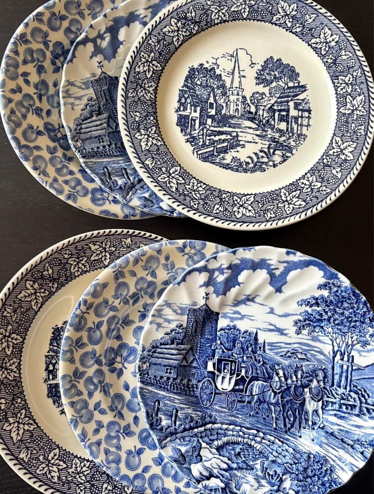 Mismatched China Dessert Plates Blue & White Vintage Lot of 6