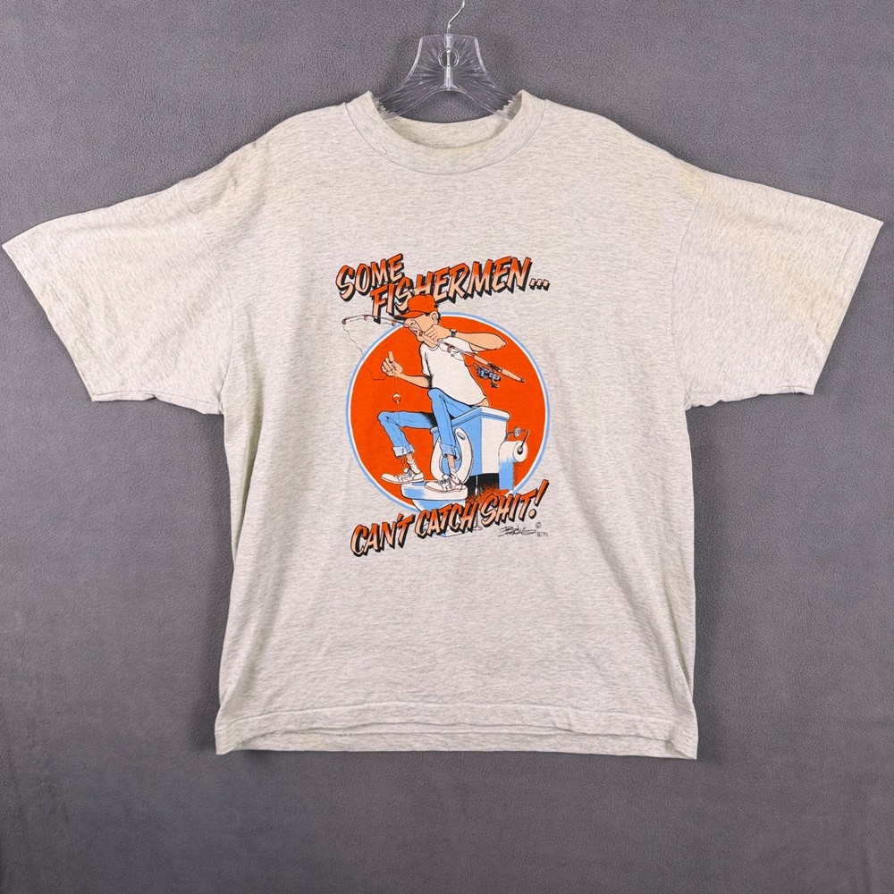 Vintage Mens Funny Fishing T-Shirt Single Stitch Humor XL 90s Canada Made Read!