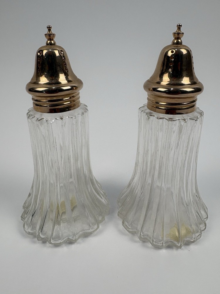Vintage Glass Salt & Pepper Shakers Set 6” Tall Fluted Ribbed Copper Metal Tops