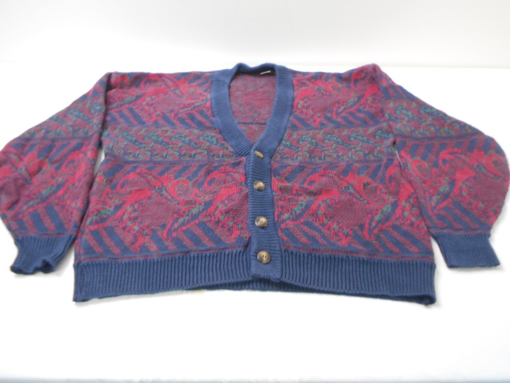 Vintage 90s Cardigan Sweater Geometric Heavy Cotton Knit Red Blue Granpa Size L