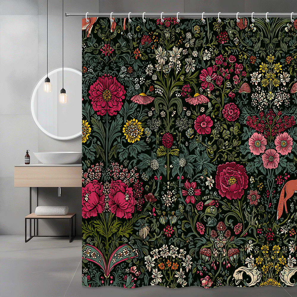Floral Garden Print Shower Curtain Pink Green Black